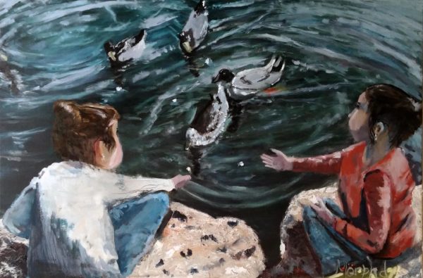 Girls Feeding Ducks